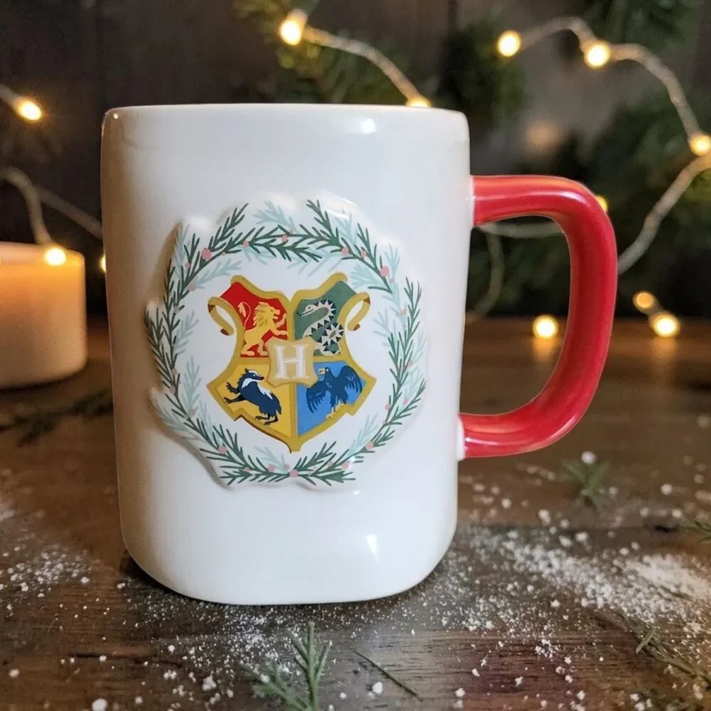 Rae Dunn Harry Potter Coffee Mug Christmas At Hogwarts White Red Embossed Crest